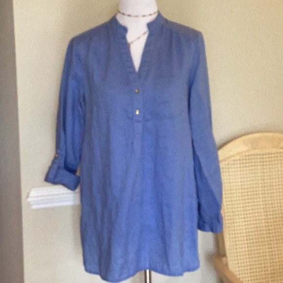 Sunny Leigh 100% linen pull on collarless tunic in sky blue with long sl… - Picture 1 of 12